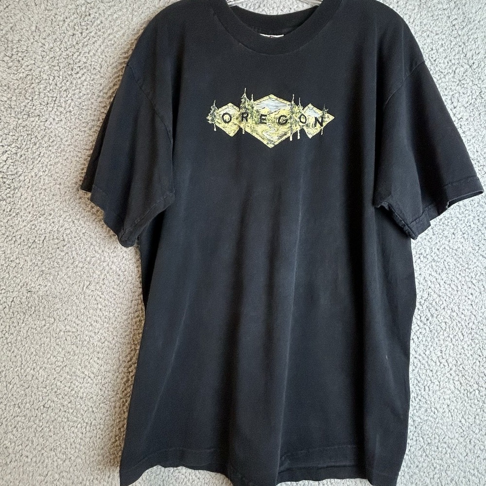 Vintage Oregon Embroidered Scenery Graphic T Shirt Size XL Black USA Made